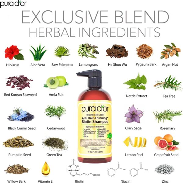 pura d'or Original Gold Label Anti-Thinning Shampoo Clinically Tested, Infused with Argan Oil, Biotin & Natural Ingredients, Sulfate Free, All Hair Types, Men and Women, 16 Fl Oz (Packaging may vary)