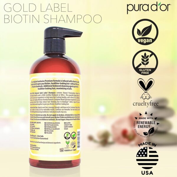 pura d'or Original Gold Label Anti-Thinning Shampoo Clinically Tested, Infused with Argan Oil, Biotin & Natural Ingredients, Sulfate Free, All Hair Types, Men and Women, 16 Fl Oz (Packaging may vary)